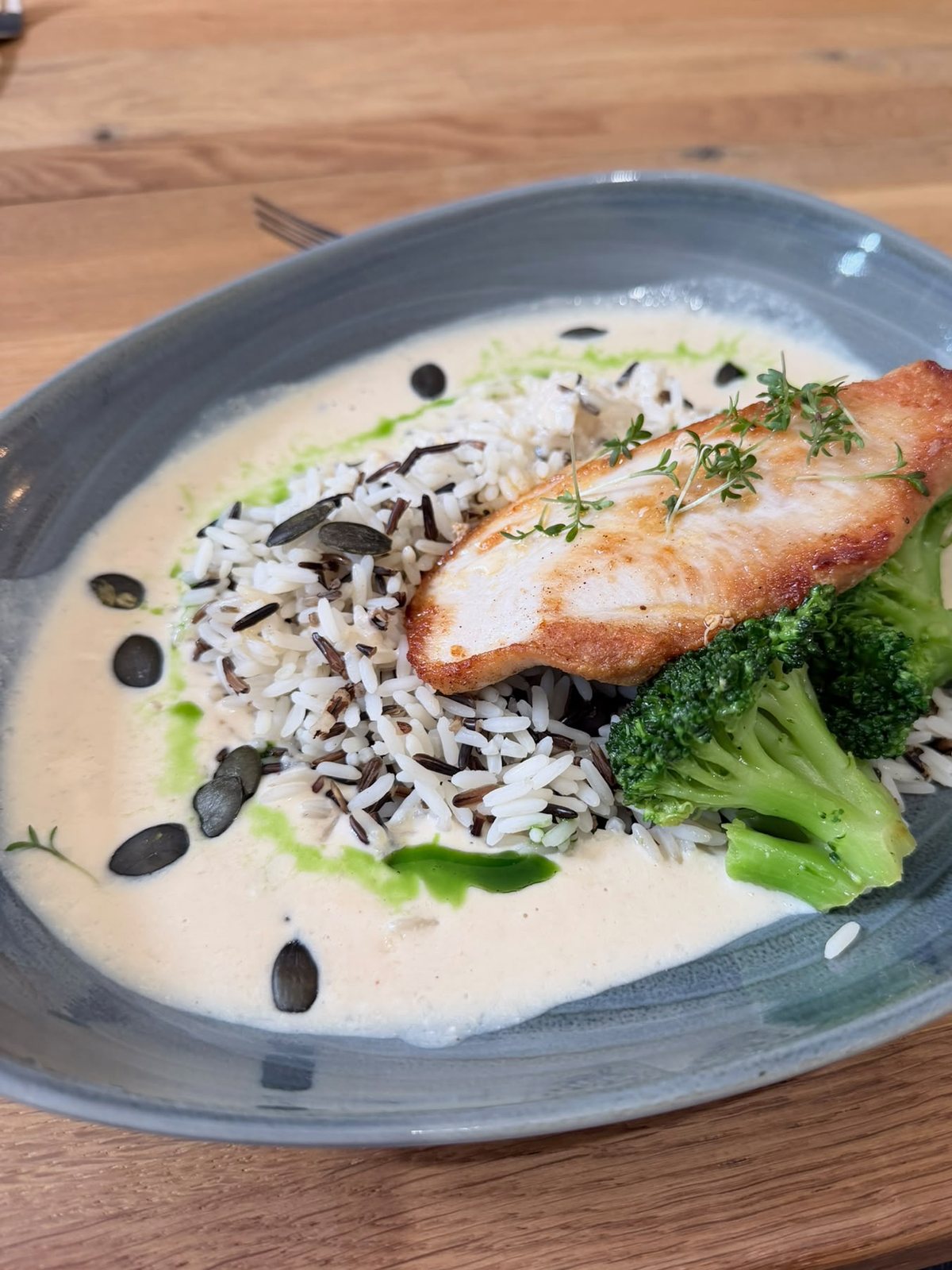 Gebratenes Fischfilet auf Wildreis mit Brokkoli, Rahmsauce, Kürbiskernen und Kräuteröl in blaugrauer Schale